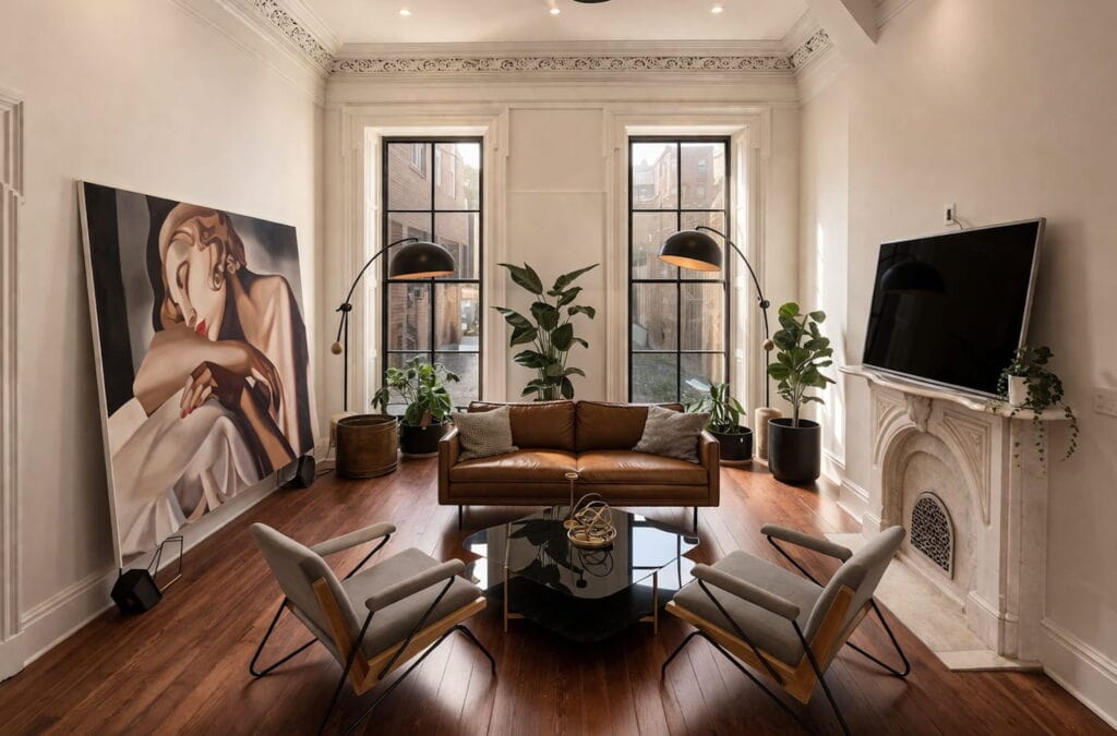 Living room in a Baltimore rowhome with a large piece of art lining one wall and a fireplace on the other