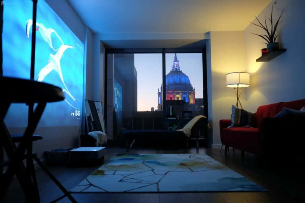 an apartment with a media wall