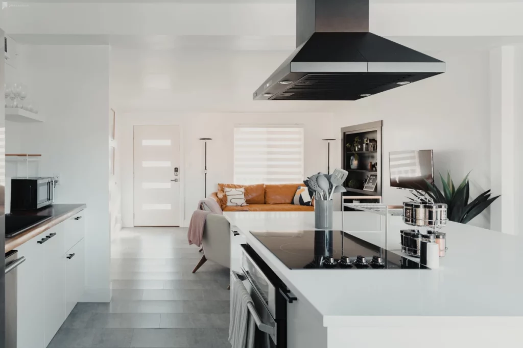 a modern black and white kitchen