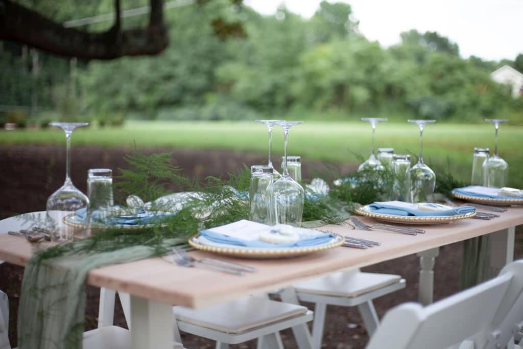 Soft green fern garland runs down the middle of a simple reception table set up outdoors with gold beaded chargers and blue napkins with tall wine and water glasses