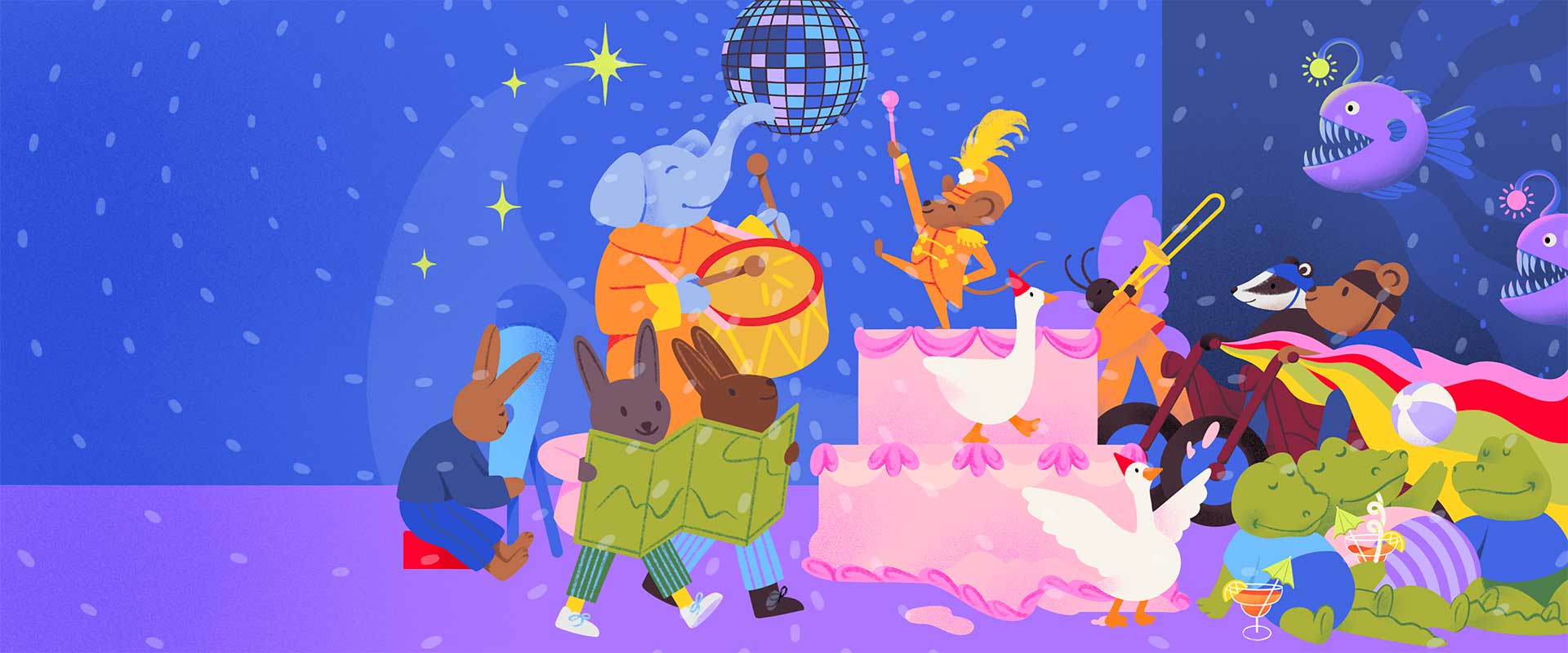 A playful illustration of the various Peerspace party styles.