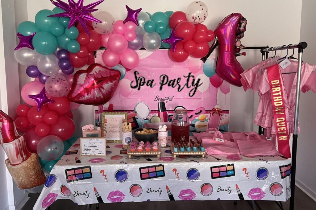 a table decorated with spa party decor