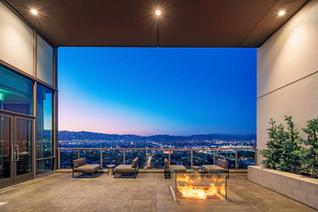 Los Angeles rooftop space with mountains in the distance