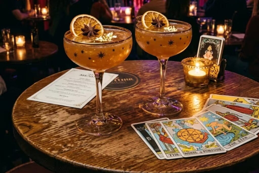 Two cocktails sit on a wooden table next to Tarot cards