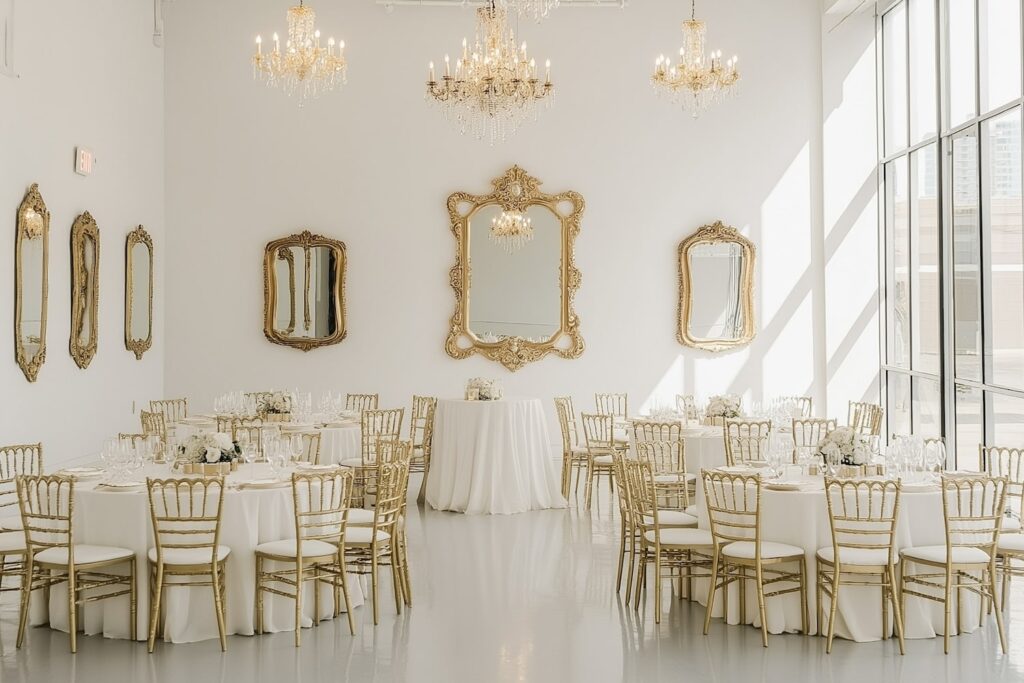 Ornate gold mirrors hang on the walls of a bright, white reception space with round guest tables and gold chairs
