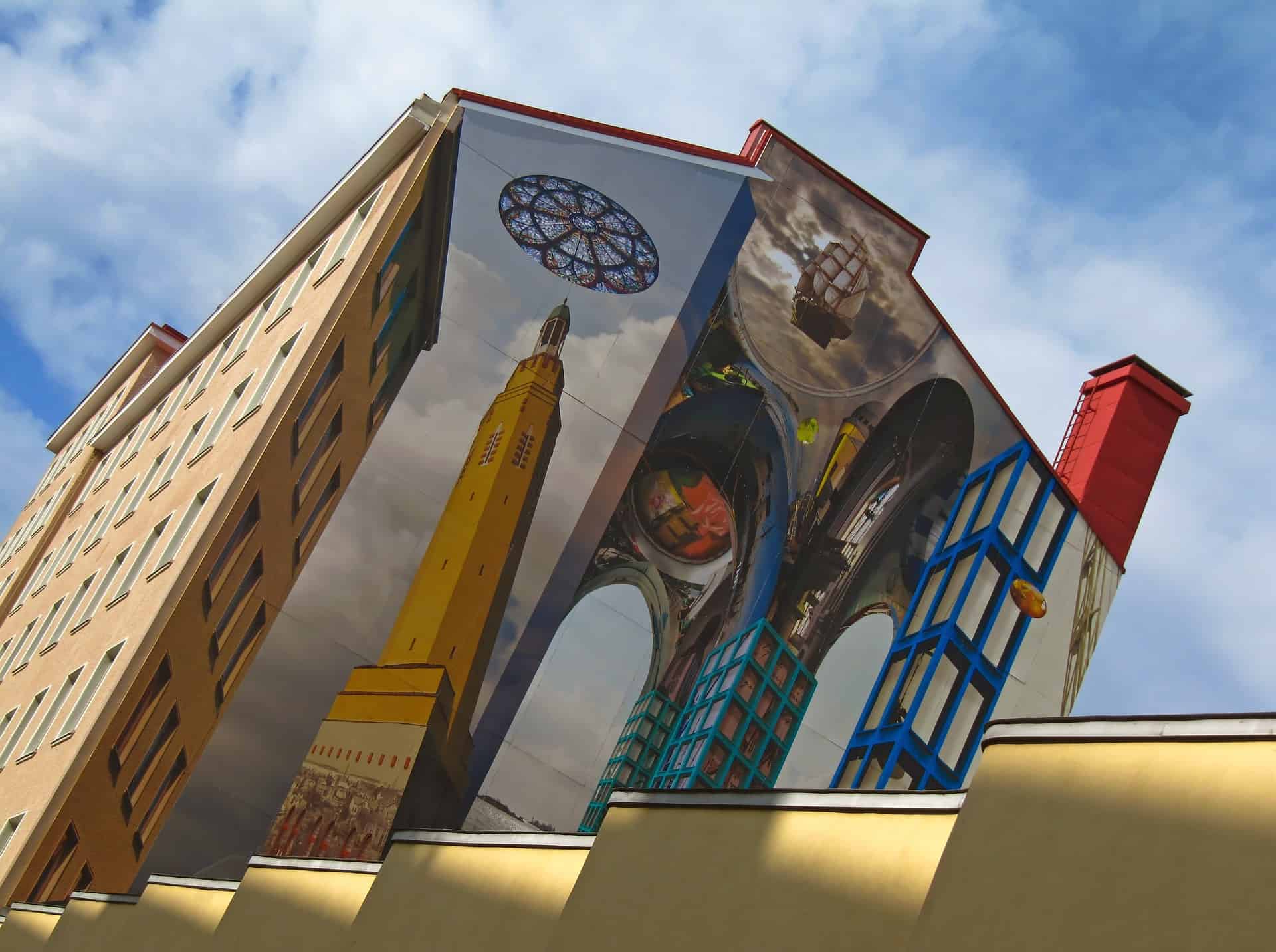 canted angle of mural art on building
