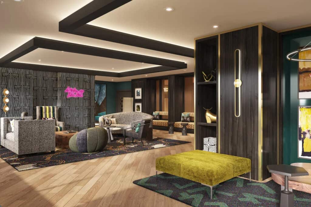 A swanky lounge with sofas and rugs