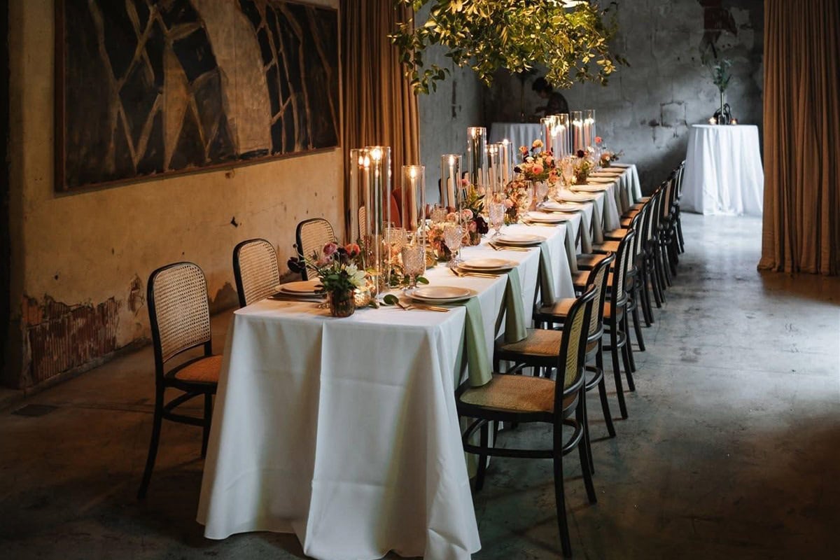 Close-up of wedding florals designed for an Austin event space