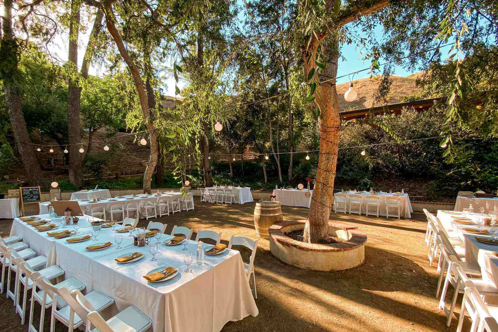 Rustic outdoor Bakersfield wedding dining with string lights and lanterns