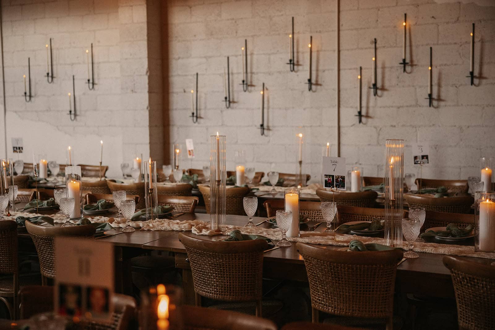 Industrial chic wedding reception venue in Baton Rouge with hanging candelabras
