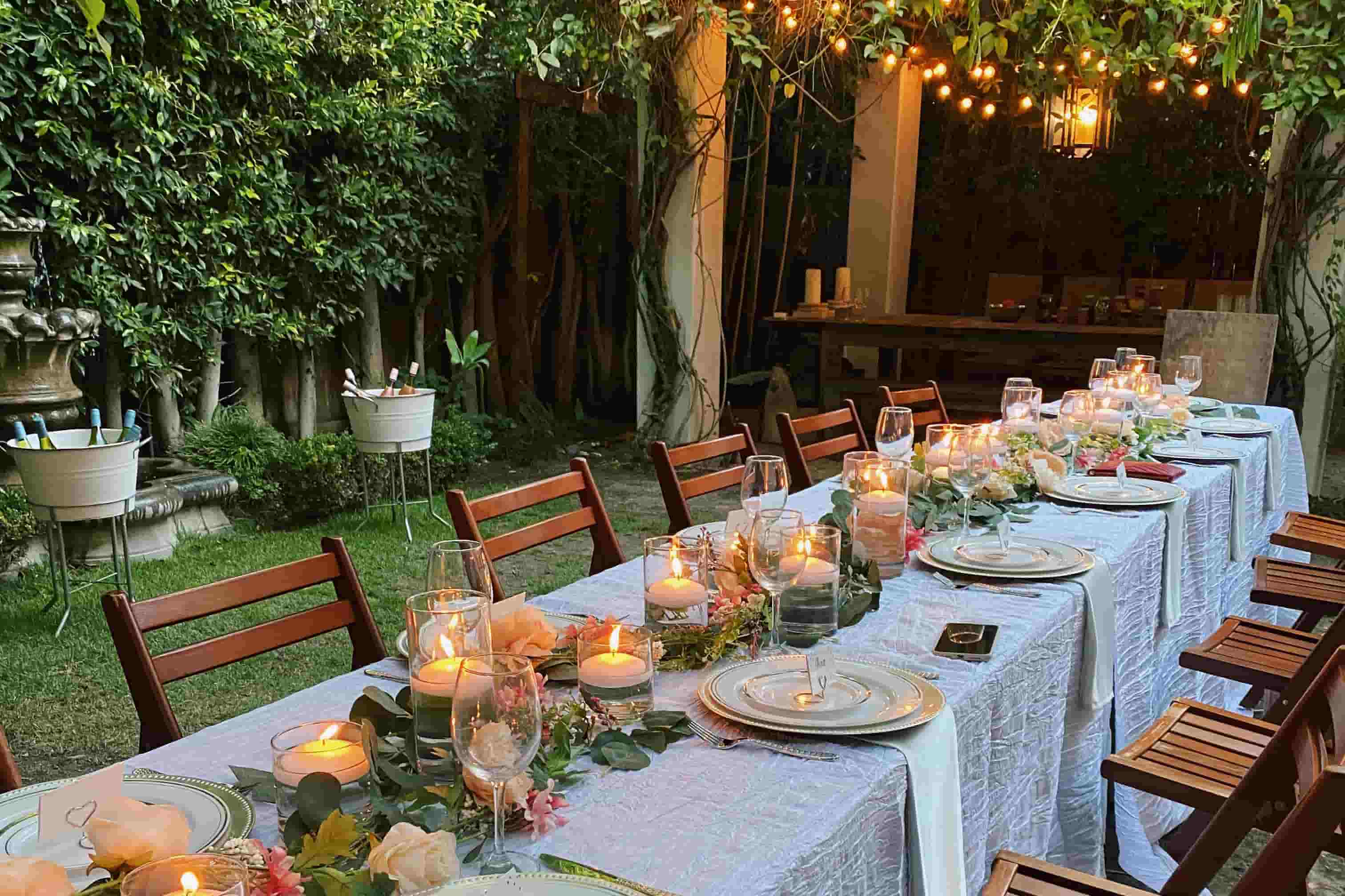 Elegant outdoor garden wedding table setup in Corpus Christi