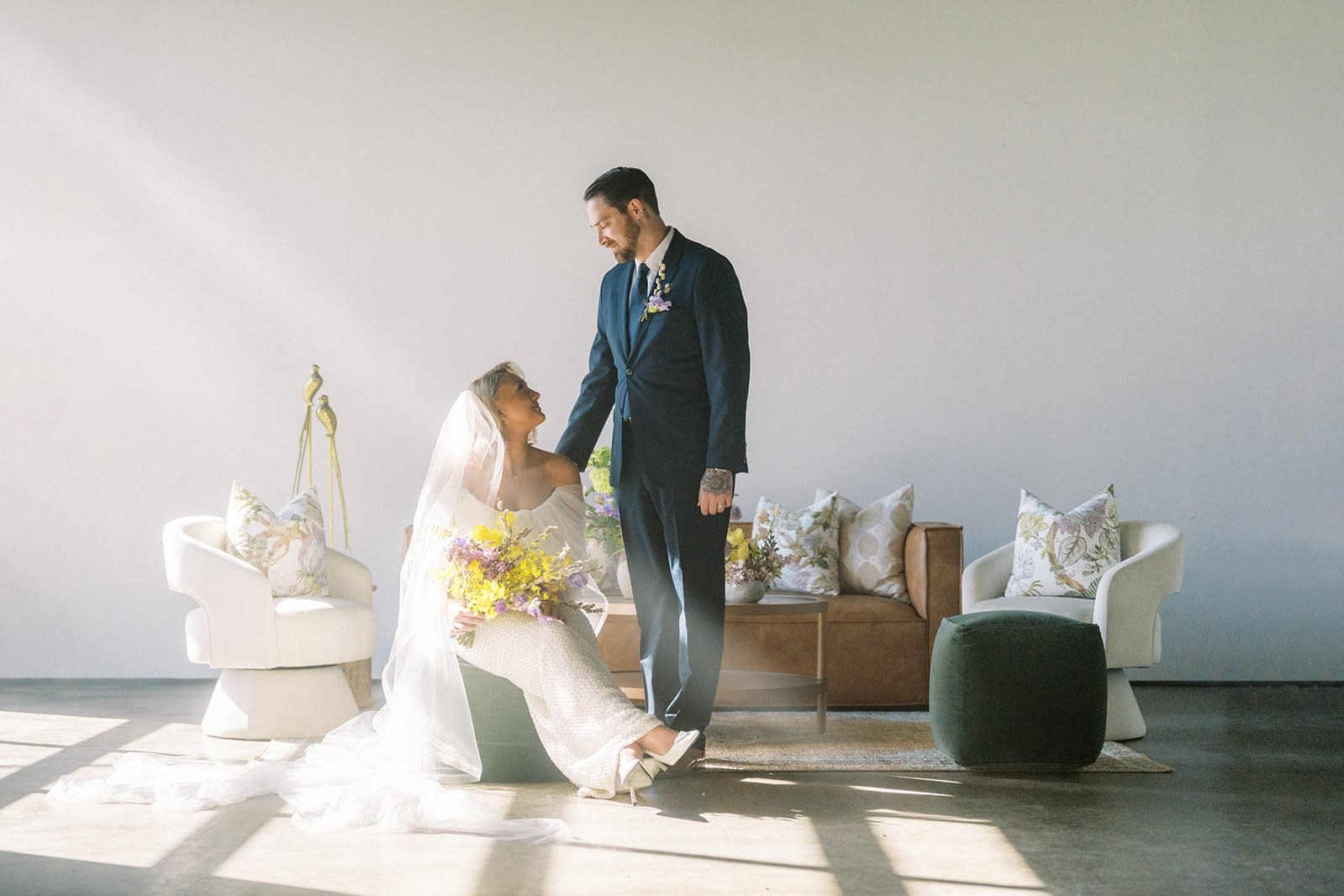 Modern indoor wedding portrait from an Oregon venue with stylish couple