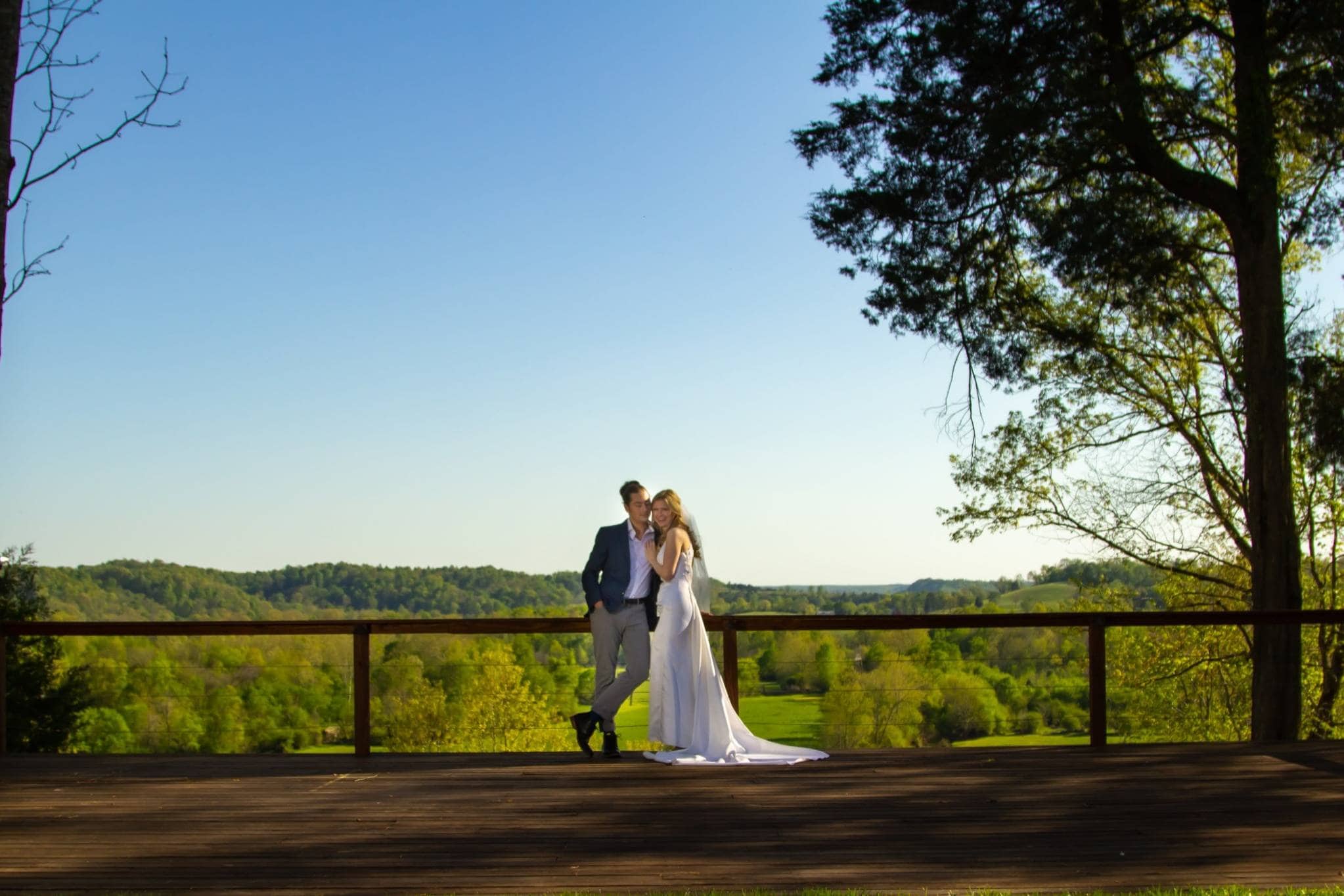 Couple in wedding attire overlooking Tennessee's rolling forested hills
