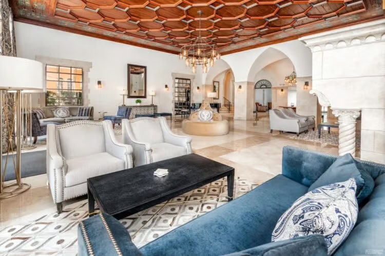 large art deco style lobby space with seating