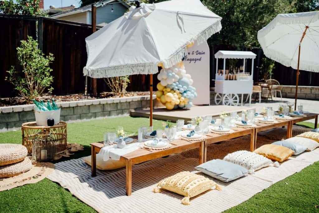 outdoor tablescape with floor seating cushions