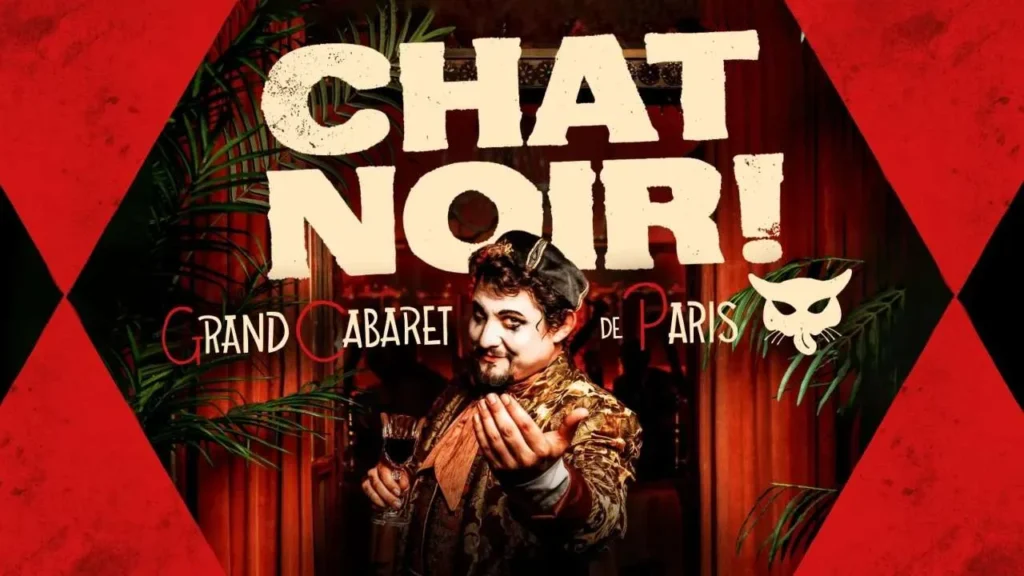 Chat Noir Grand Cabaret de Paris by The Lost Estate London with theatrical performer in costume on red diamond patterned poster