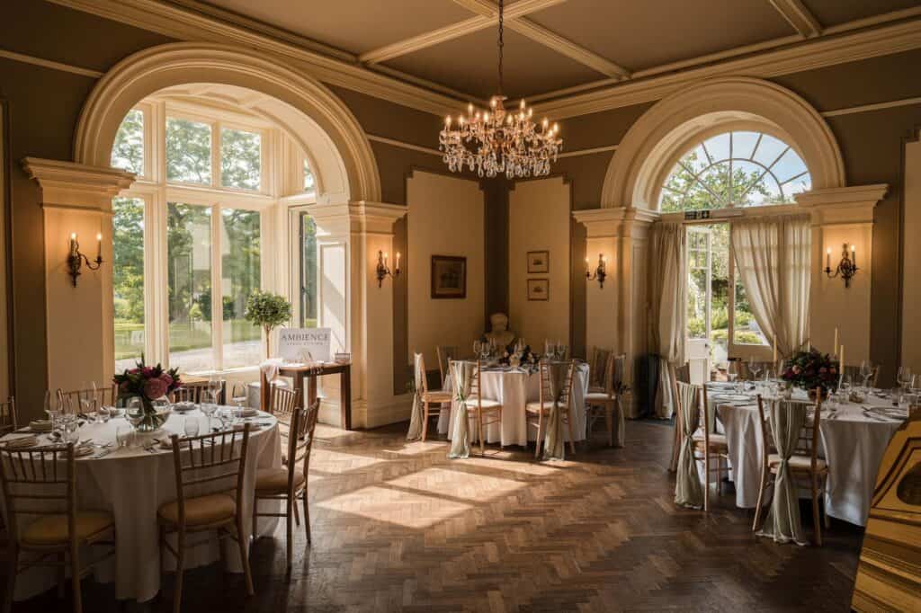Elegant dining room with chandeliers, round tables, and large arched windows in a mansion to rent.