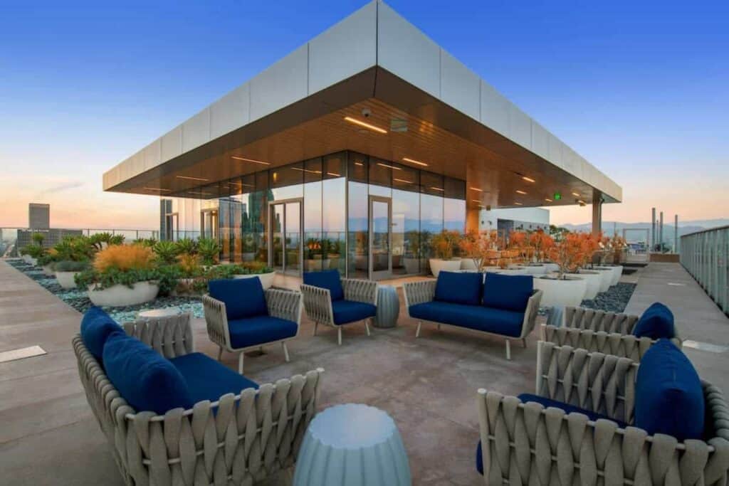 panoramic rooftop terrace with bright blue sky