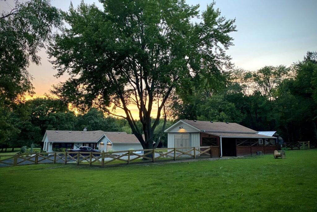 greenhouse set in a green field at sunset