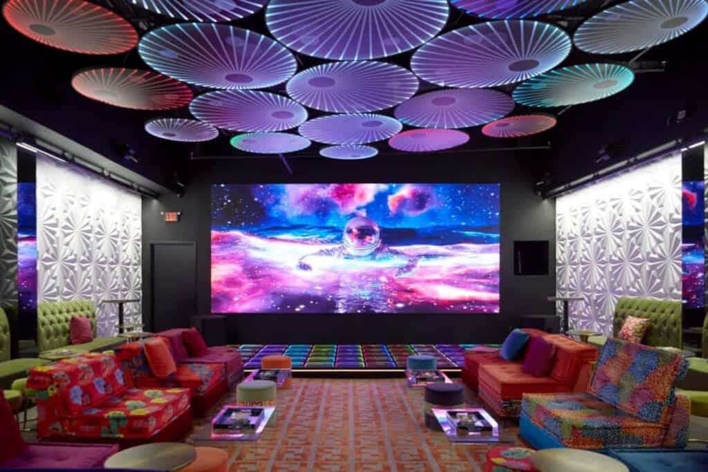 very bright muli coloured cocktail lounge space