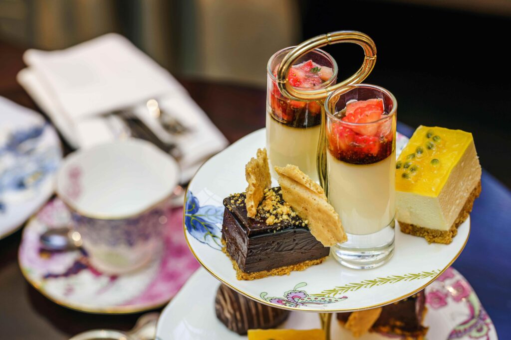English afternoon tea spread with a selection of desserts