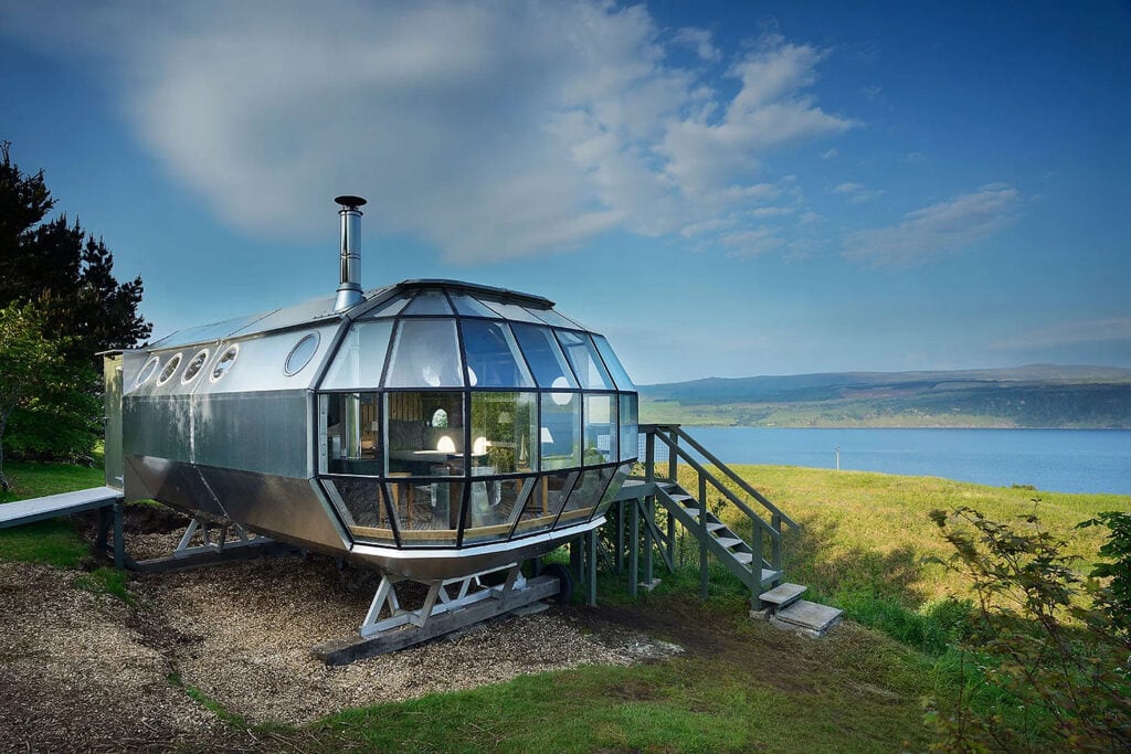 AirShip 002 aluminium capsule overlooking the Sound of Mull in the Scottish Highlands