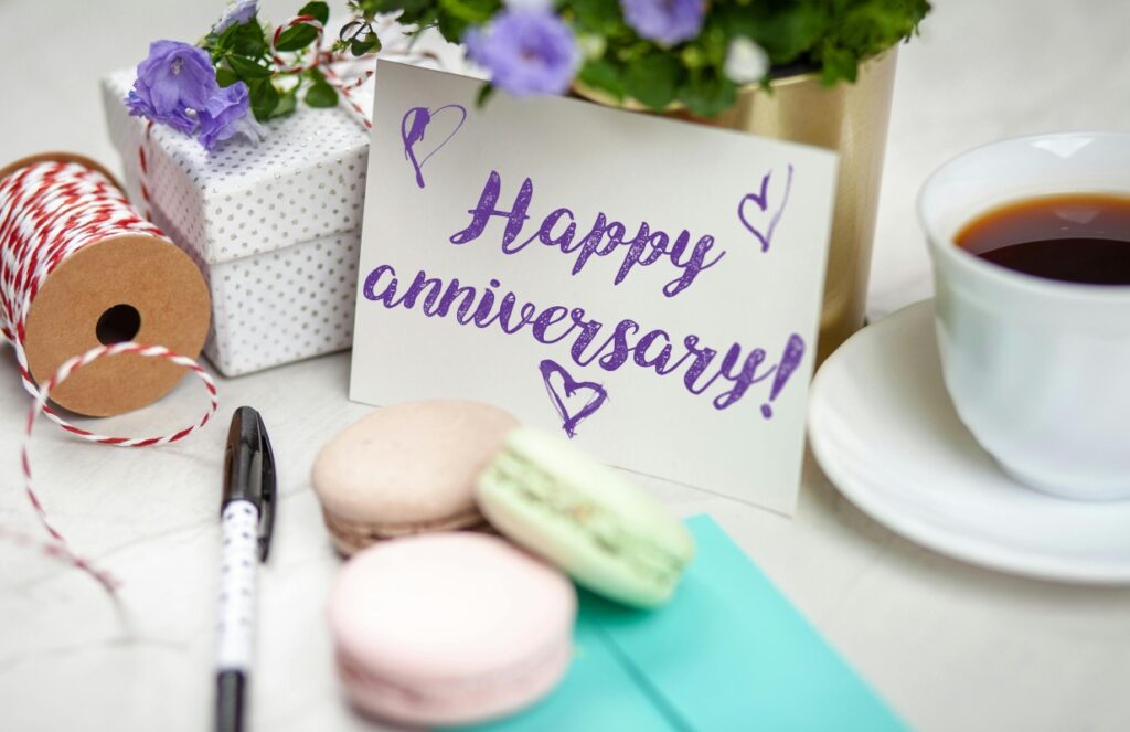 anniversary card with macarons and coffee