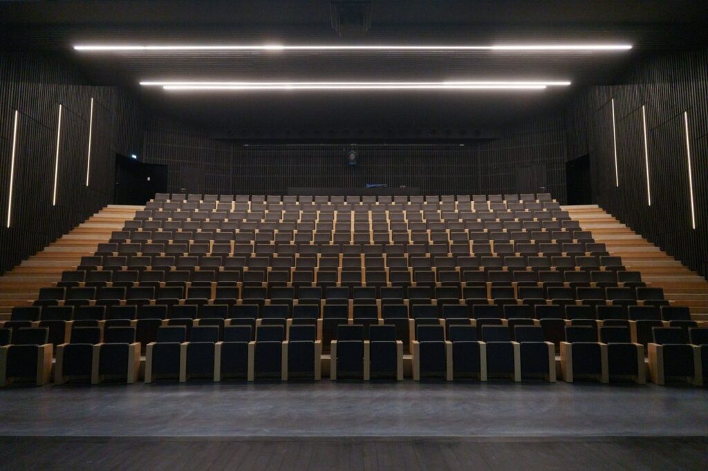 250-seat modern auditorium with tiered wooden seating viewed from the stage, available to hire by the hour on Peerspace