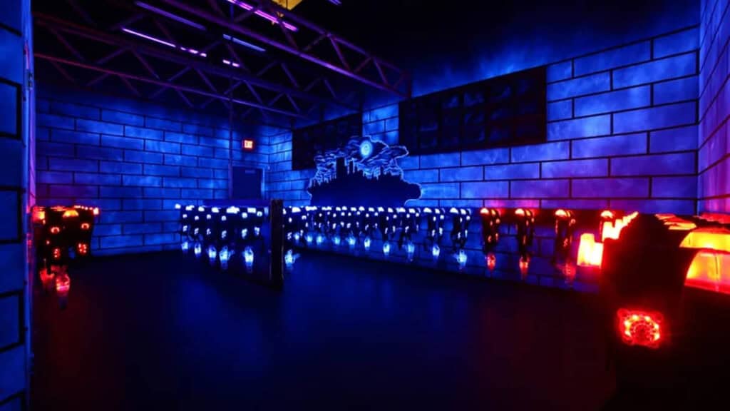 A laser tag arena with black light.