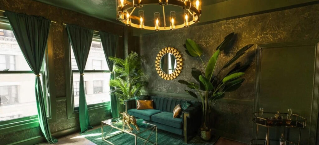 elegant emerald green living room with sofa