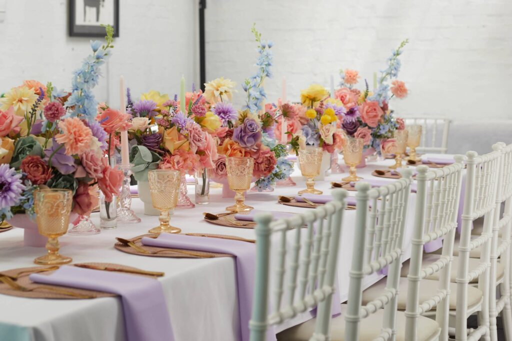 A long table with white chairs, decorated with colorful flowers, glasses, and, table settings.