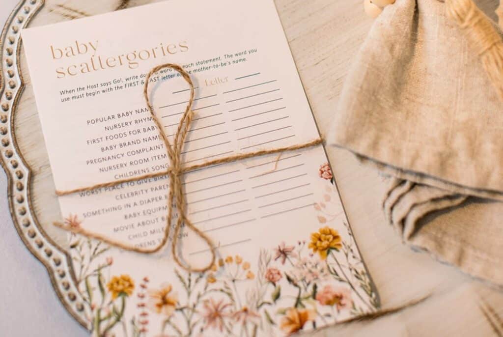 baby scattergories card with flower design