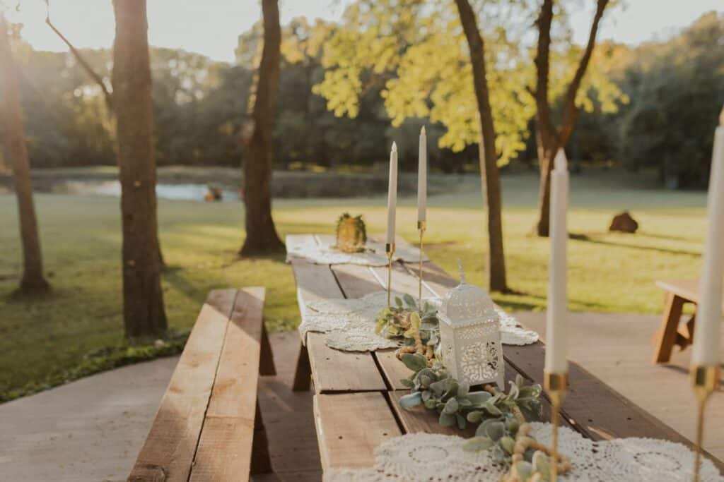 rustic outdoor tablescape with candles