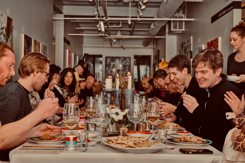 large dinner party with many guests