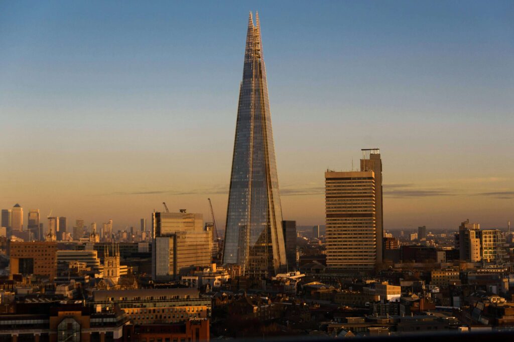 A view of the Shard and surrounding skyline at sunset
