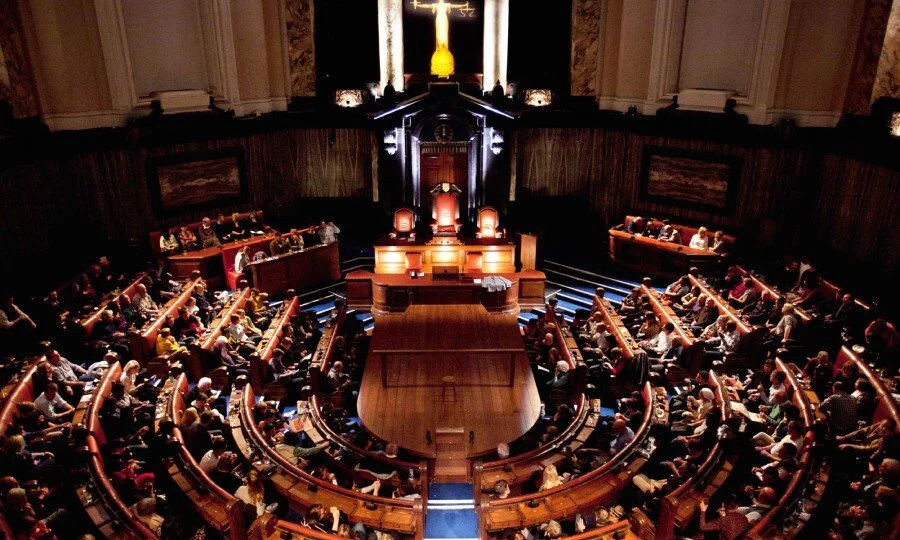 Witness for the Prosecution London County Hall debating chamber transformed into Old Bailey courtroom with audience seating