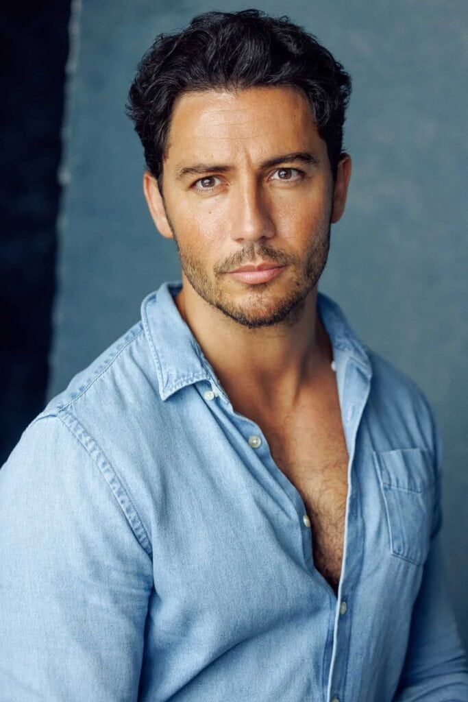 Male actor headshot in a denim shirt by Adam Hills
