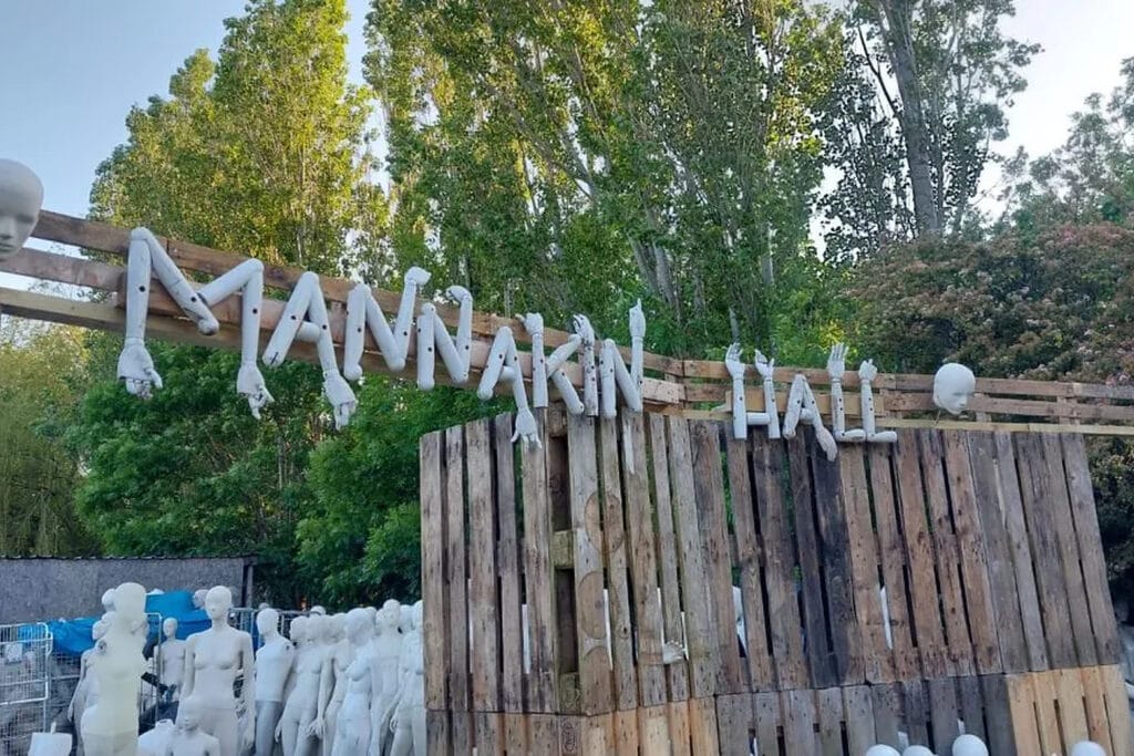 Mannakin Hall entrance with rows of rescued shop mannequins in Lincolnshire