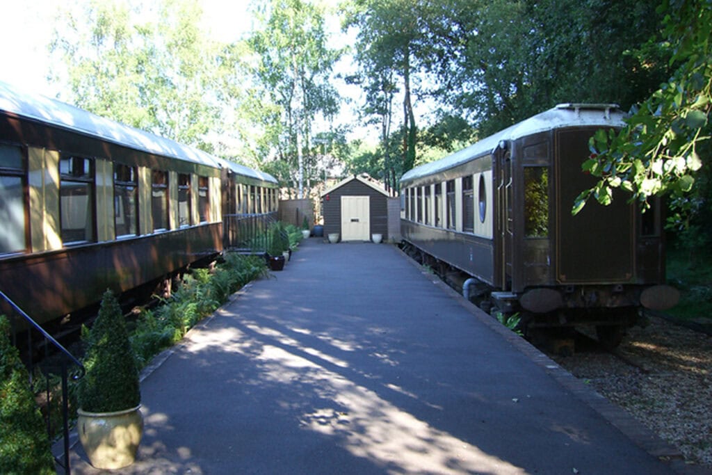 Restored Pullman carriages on the platform at Petworth's old railway station