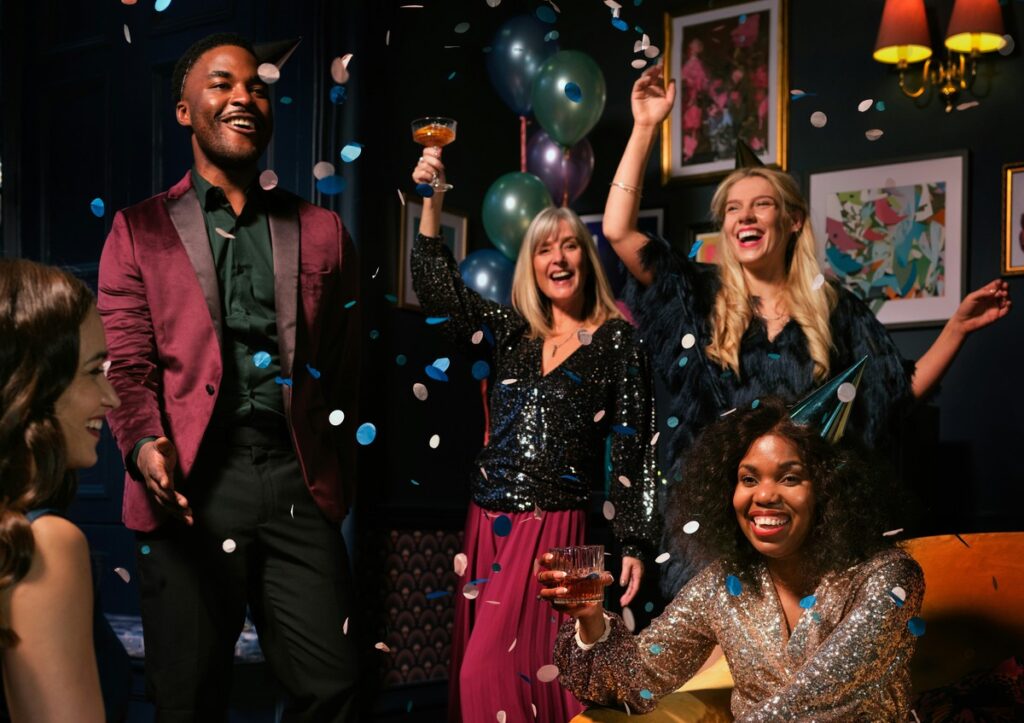 party people toasting under confetti shower
