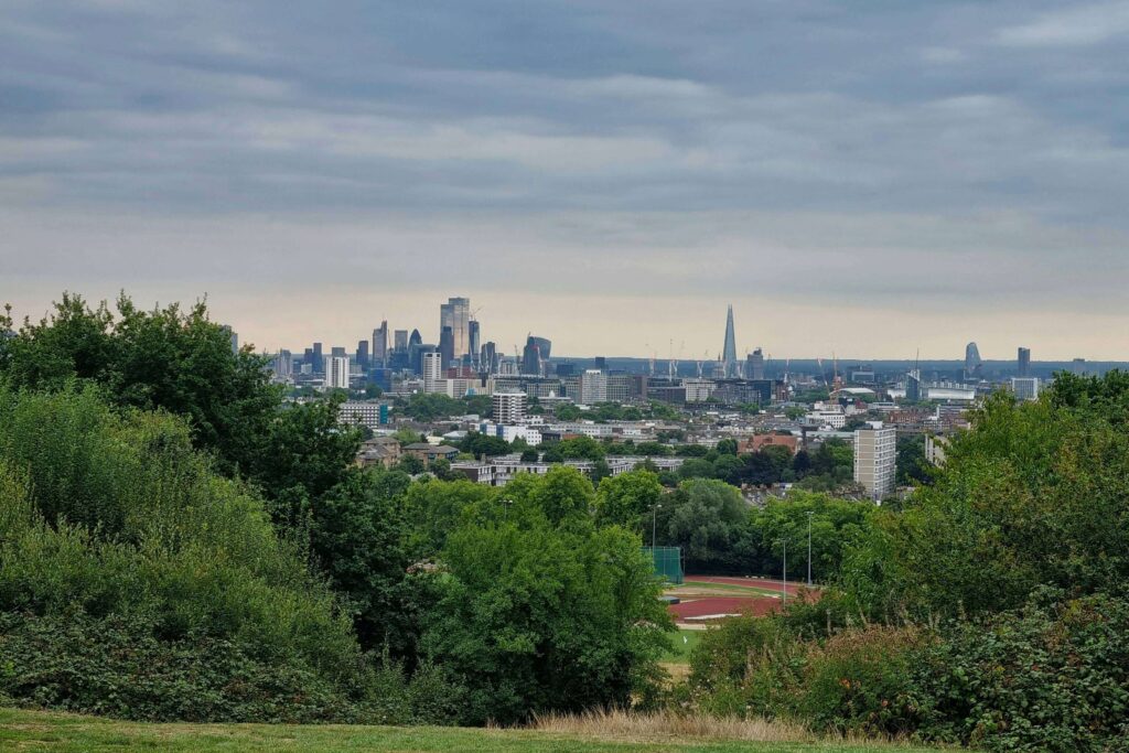 A view from Primrose Hill in London overlooking the Shard, the Gherkin and the city's skyline in the distance.