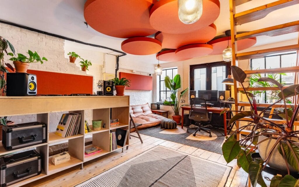 quirky london living room with orange accents