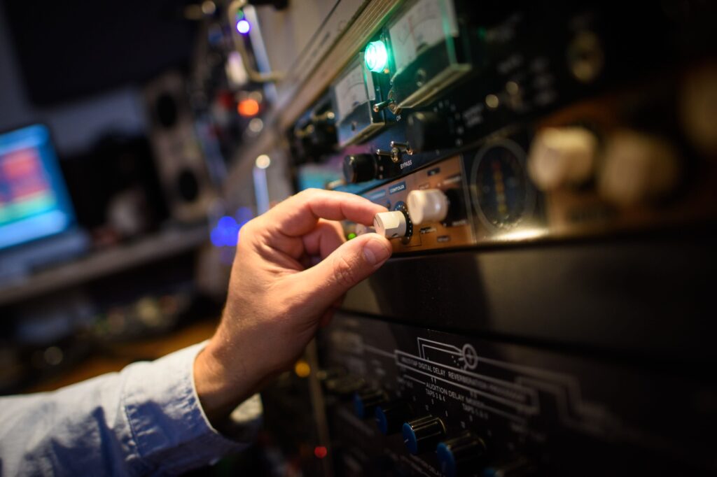Professional music production equipment in a recording studio.