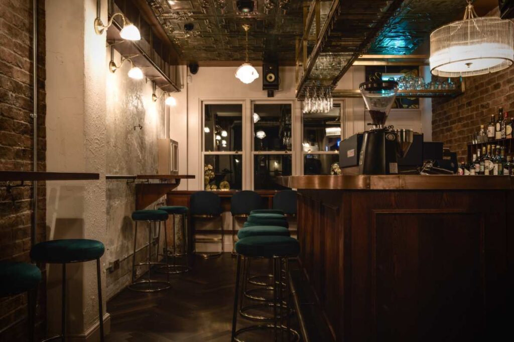London bar in Soho with bar and dim lighting