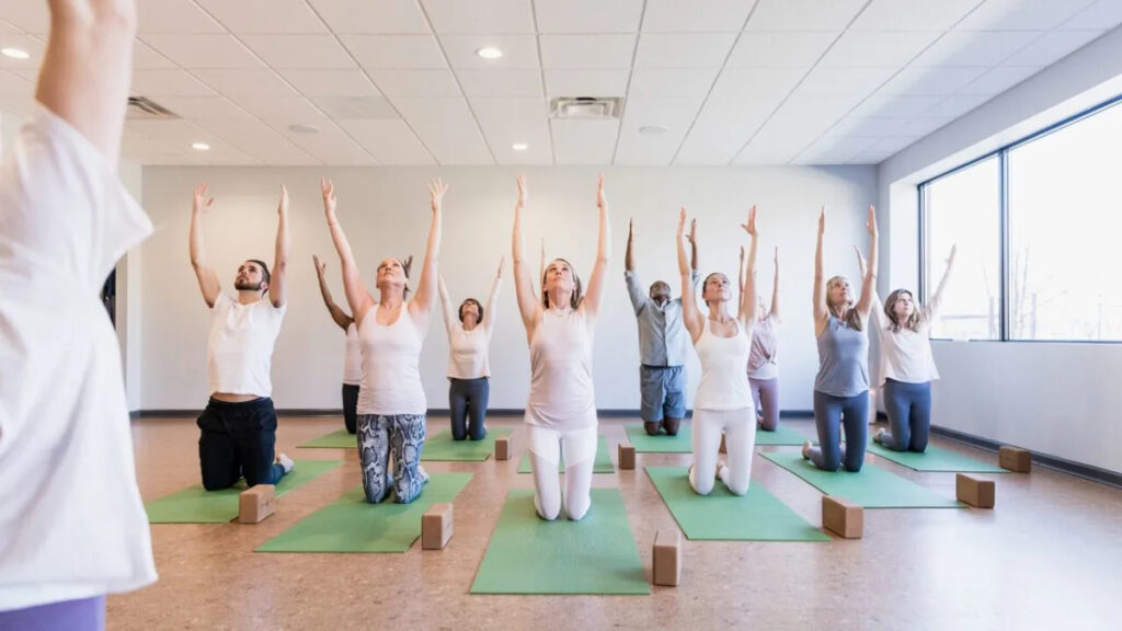 A group of yoga students and their teacher holding a pose in a daylit studio.