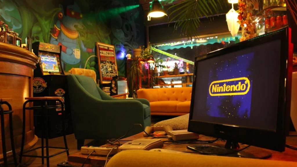 Game-themed bar in Cricklewood, London with Nintendo screens and gaming chairs